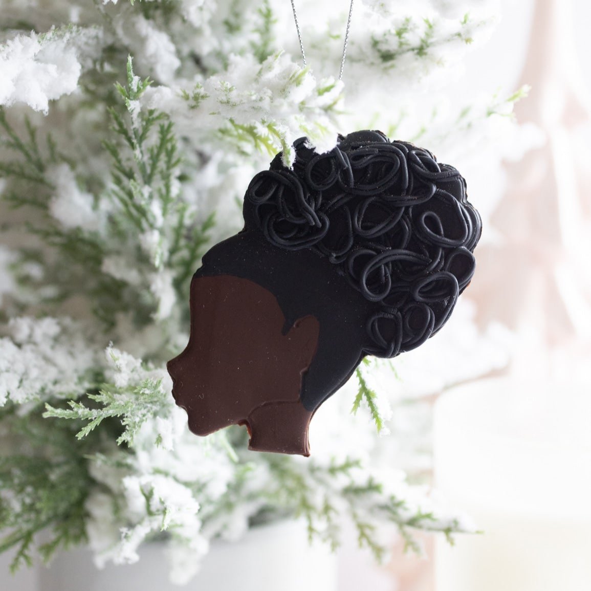 African American Christmas Ornament Side Profile of black woman with a high bun curly afro