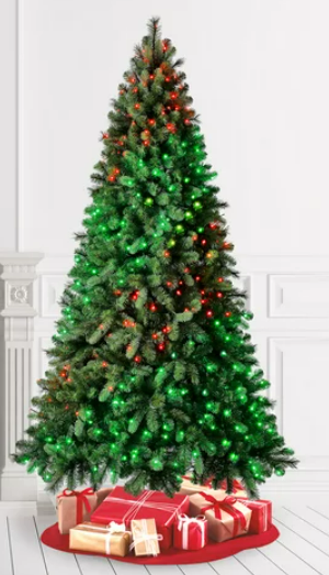 Carolina Spruce Twinkly App-Controlled Artificial Christmas Tree with green and red lights and  presents underneath tree