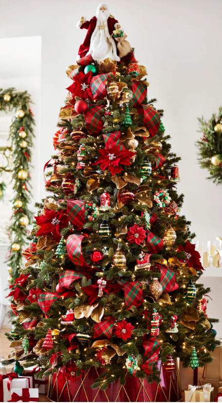 Fraser Fir Artificial Tree decorated with traditional green and red ornaments