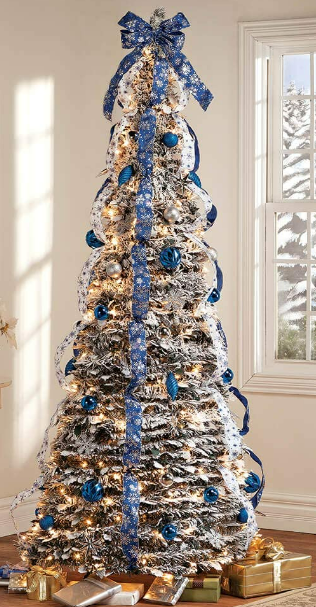 Flocked Snow Frosted Winter Style Pull Up Tree with royal blue and white decorations